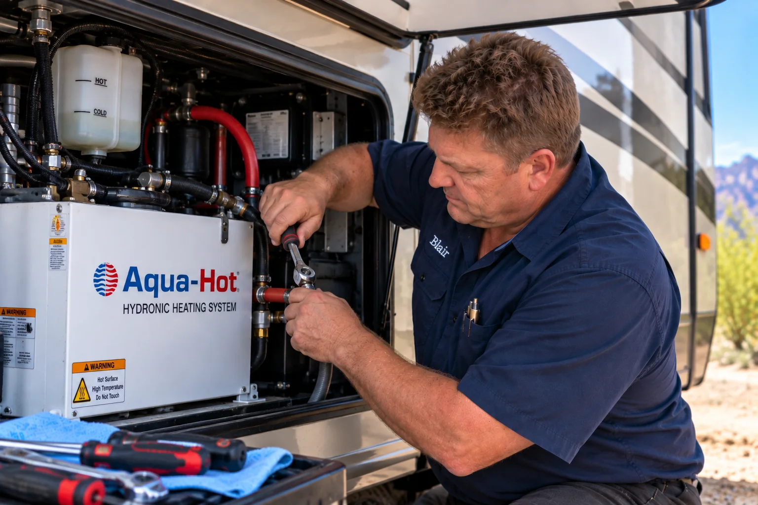 RV technician servicing an Aqua-Hot hydronic heating system