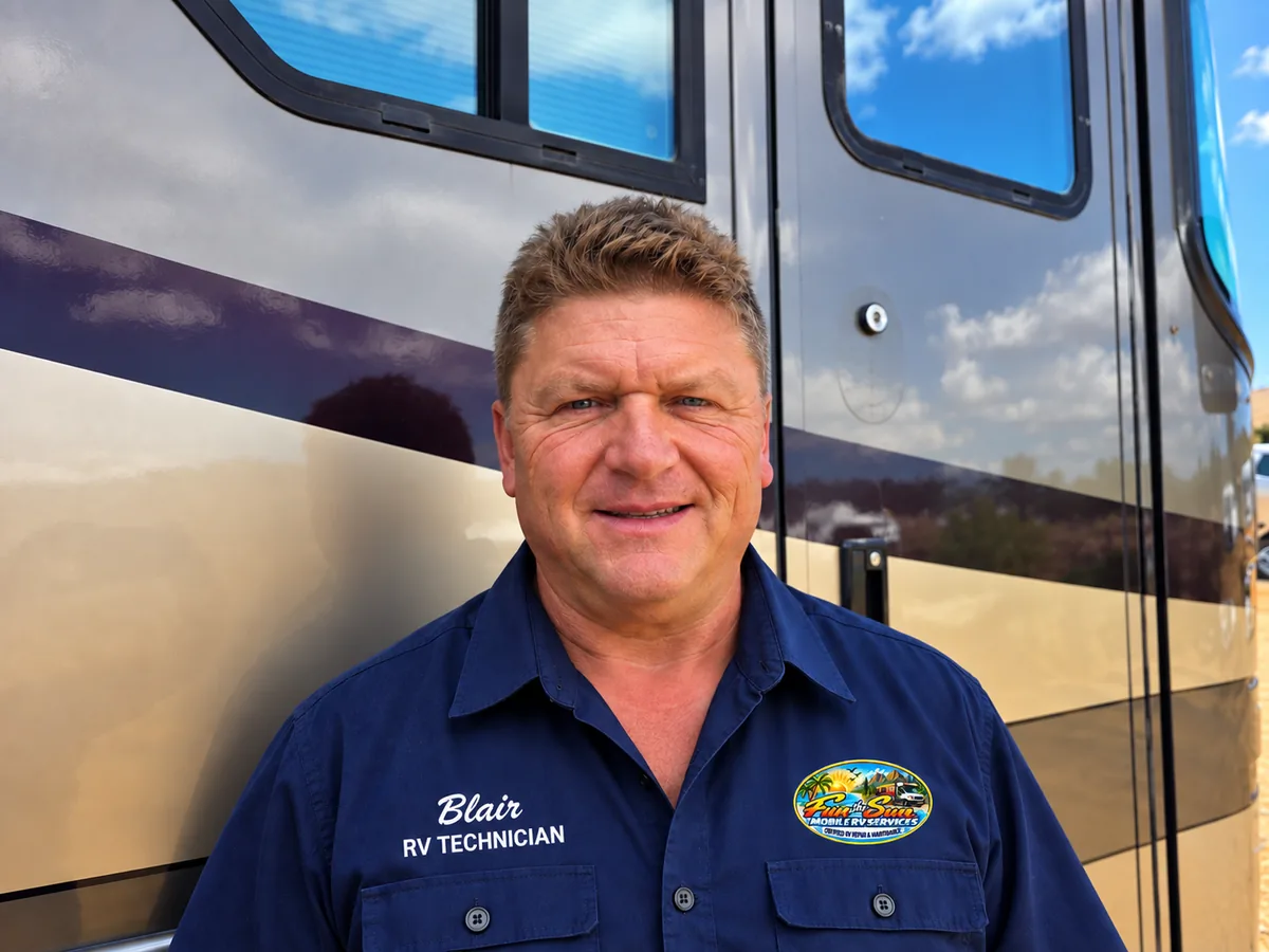 Blair, RV technician for Fun in the Sun Mobile RV Services, standing in front of an RV