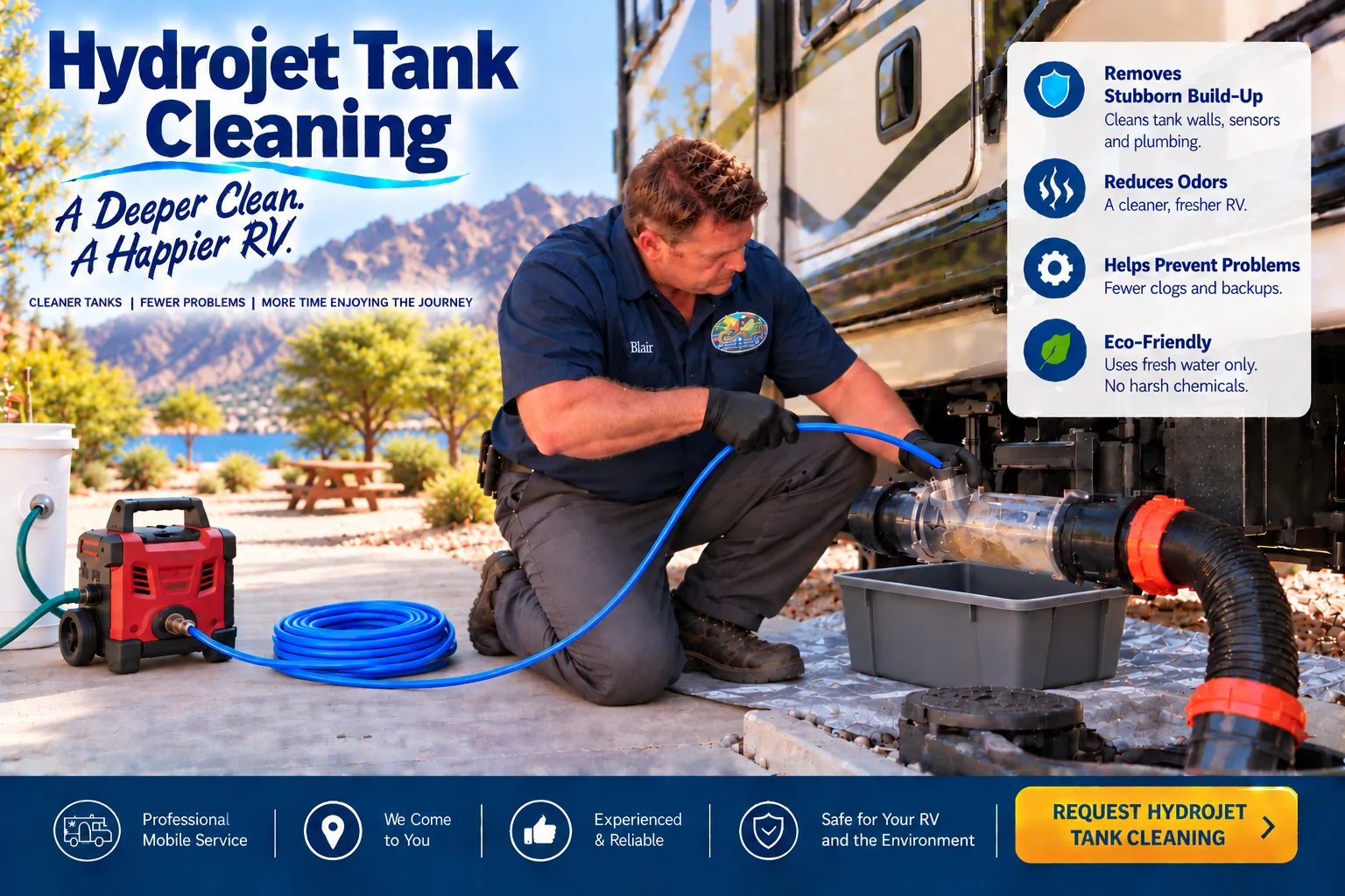 RV technician performing professional Hydrojet tank cleaning with a portable pressure washer, clear sewer fitting, wash basin, and standard RV sewer hose