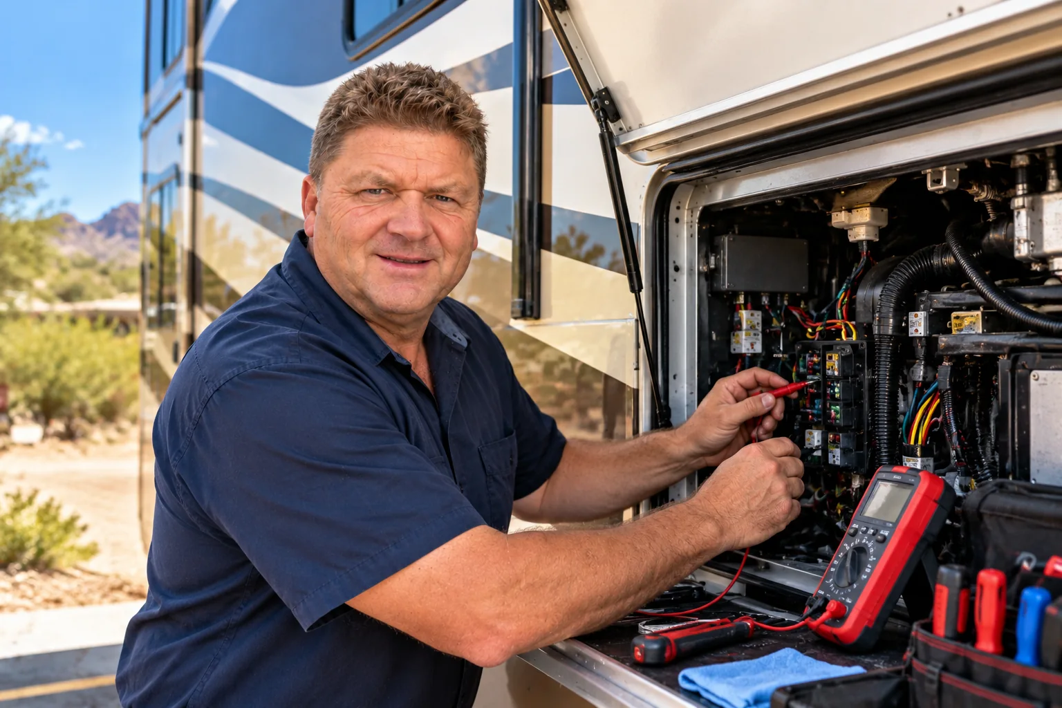 RV technician diagnosing an RV electrical system with a multimeter