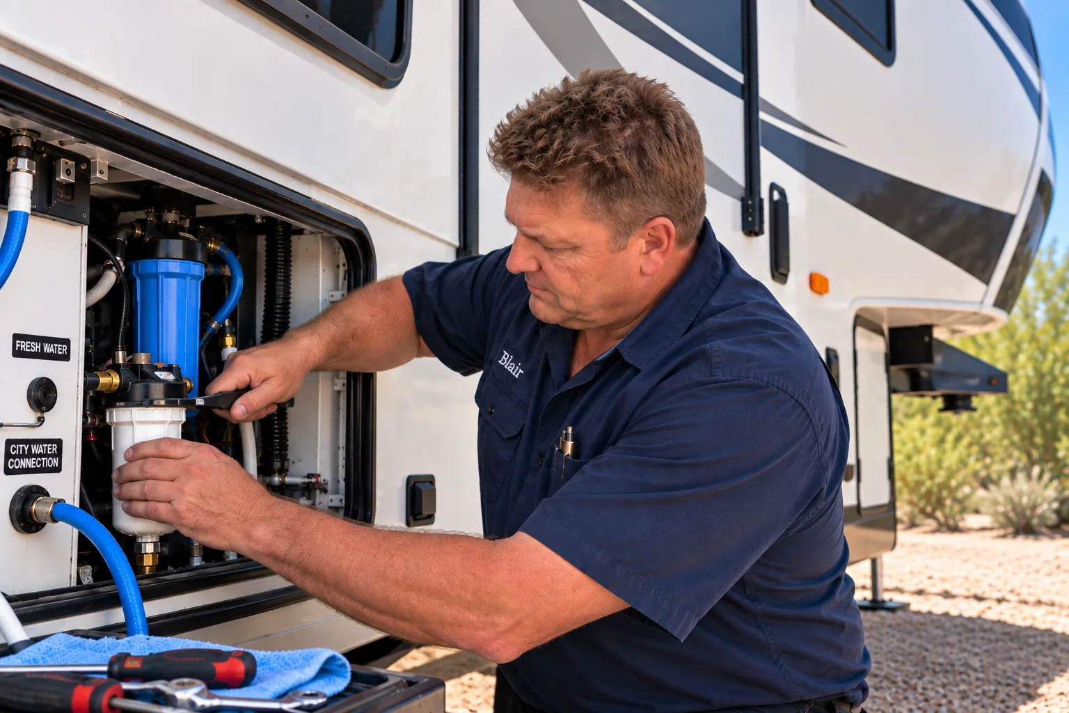 RV technician performing maintenance on a travel trailer water system